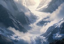 Загадочный синий свет запечатлел фотограф во время схода лавины в китайских горах