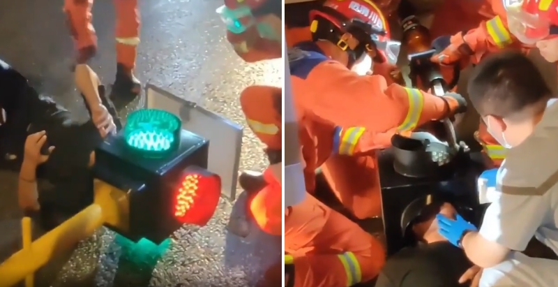 В Китае мужчина застрял головой в светофоре после столкновения на электросамокате